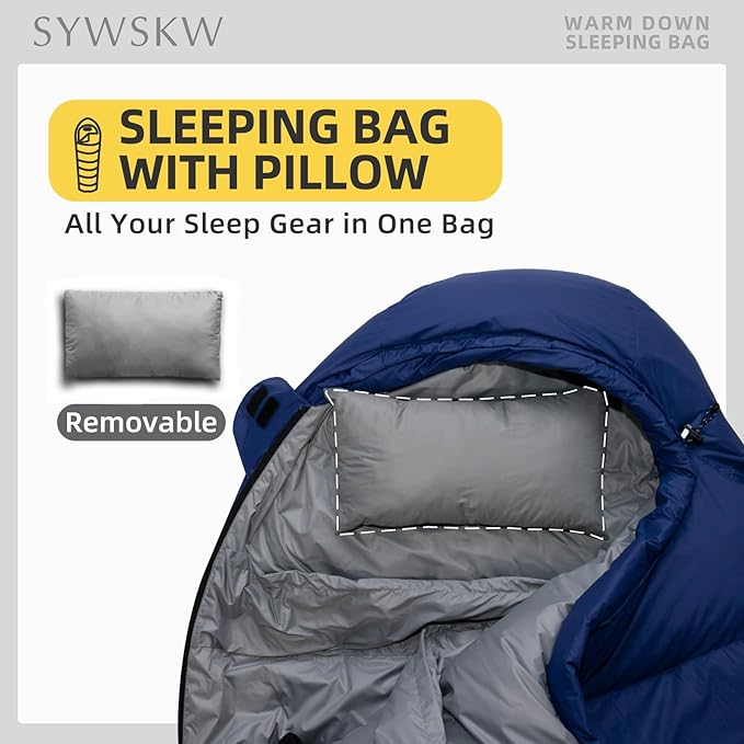 Down Sleeping Bag with Pillow for Backpacking,15℉ 5℉ 0℉ Wide Down Sleeping Bag (86.6 in x 33.5 in) for Adults,Teens,Youth Camping and Hiking Outdoor with 680FP Duck Down