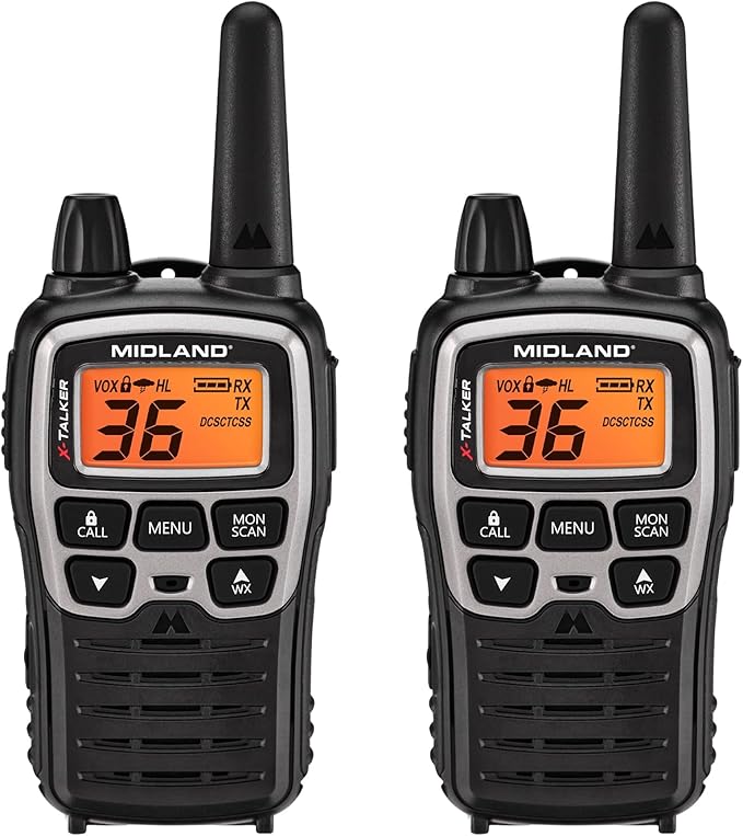 Midland T77VP5 X-TALKER Long Range Walkie-Talkie FRS Two-Way Radio for Camping Overlanding NOAA Weather Scan + Alert, 121 Privacy Codes - Includes Carrying Case & Headset Black/Silver, 2 Radio Bundle