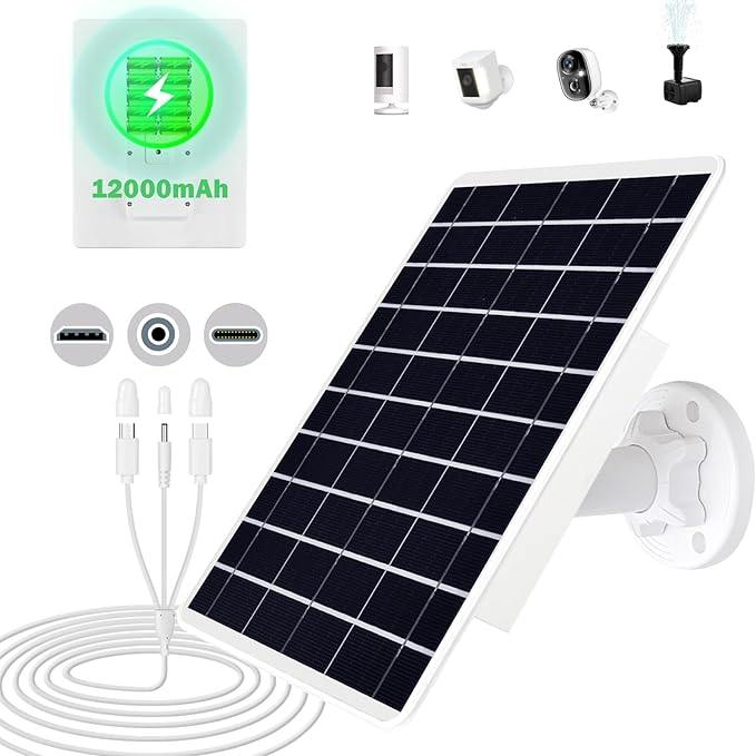 8W Solar Panel Built-in with 13200mAh Battery for Security Camera Outdoor, 3in1 Plug Charger Panel for Ring/Eufy/Wyze Battery cam, Support Emergency Power for Camping Hiking Lights, Phones, Tablet PC