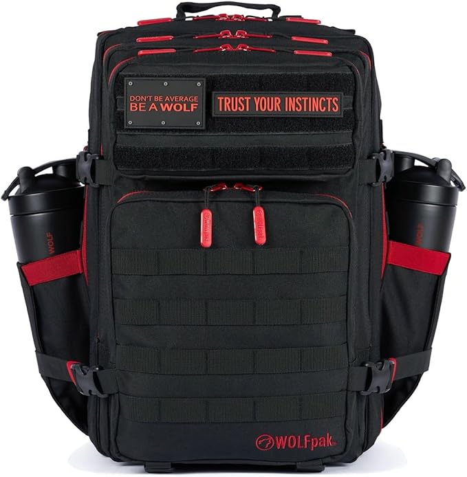 WOLFpak 45L Athletic Gym Backpack - Durable 1000D Waterproof Oxford Material with MOLLE Webbing, Laptop Pocket & Dual Cup Holders, Durable Fitness/Travel/Military Daypack (Red Wolf)