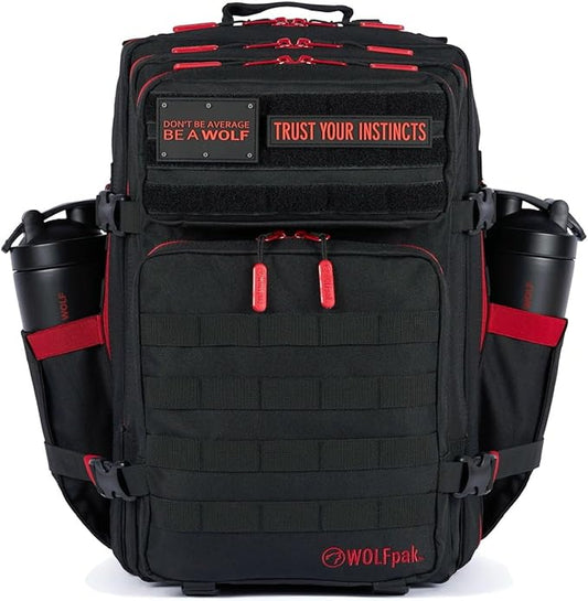 WOLFpak 45L Athletic Gym Backpack - Durable 1000D Waterproof Oxford Material with MOLLE Webbing, Laptop Pocket & Dual Cup Holders, Durable Fitness/Travel/Military Daypack (Red Wolf)
