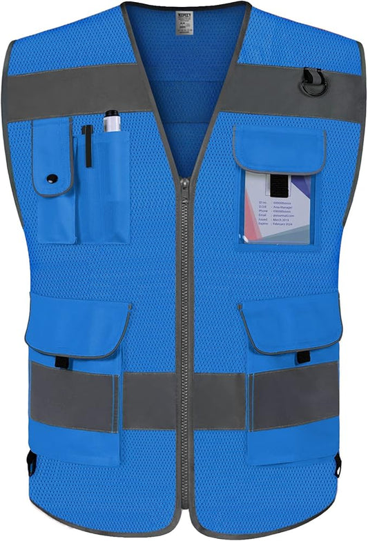 TCCFCCT Mesh Reflective Safety Vest 9 Pockets High Visibility Vest for Men Women, Hi Vis Reflective Work Vest for Safety, Meets ANSI/ISEA Standards, (Blue, XX-Large)