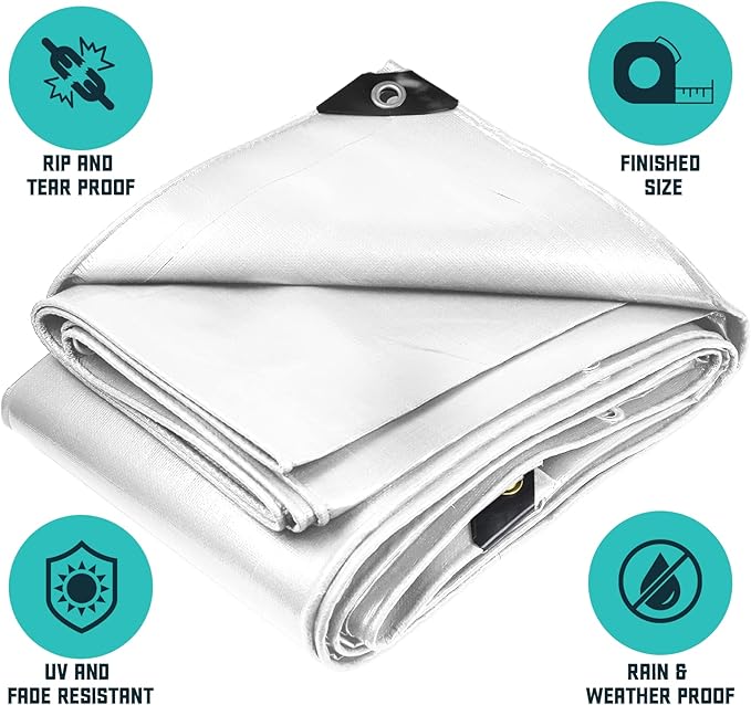 Core Tarps Extra Heavy Duty 16 Mil Tarp Cover, Waterproof, UV Resistant, Rip and Tear Proof, Poly Tarpaulin with Reinforced Edges for Roof, Camping, Patio, Pool, Boat (White 25′ X 40′)