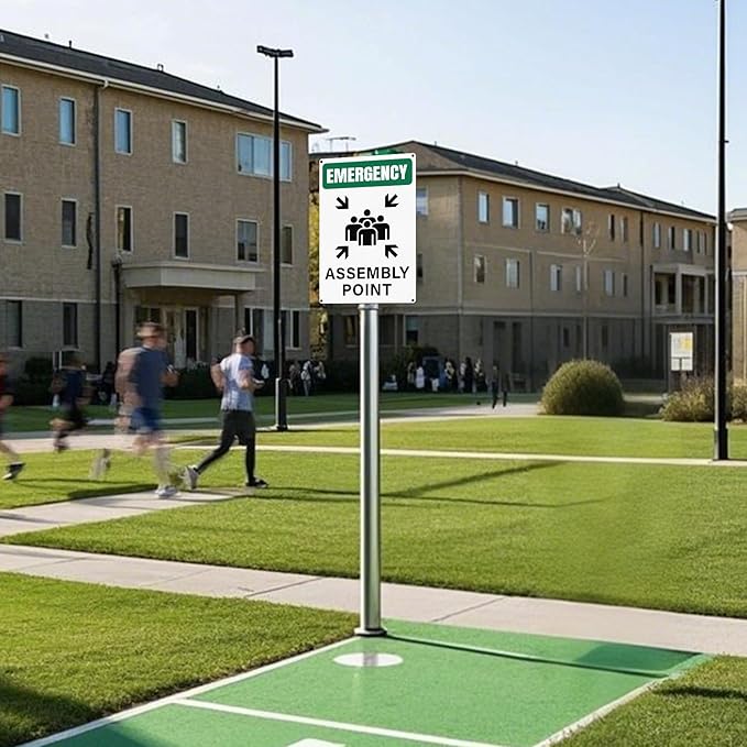 Emergency Assembly Point Sign with Pre-Drilled Holes 18 × 12 Inches Reflective Aluminum Waterproof Signage for Warehouse School Hospital