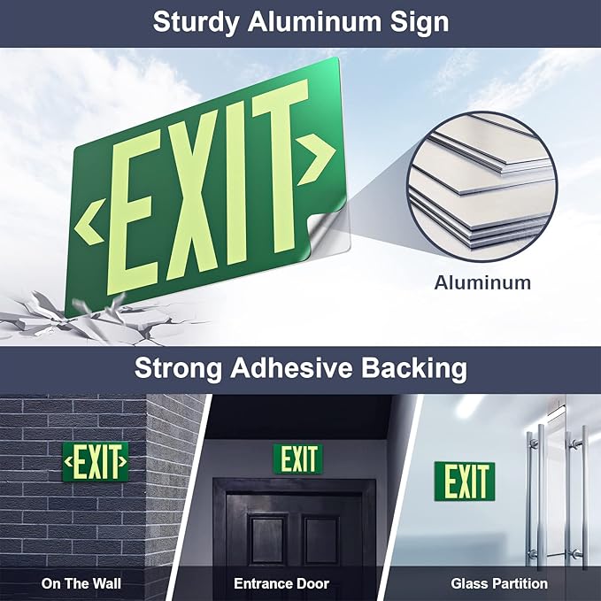 Photoluminescent Exit Sign Aluminum - Adhesive Backing Glow In The Dark - Removable Arrows Included - 12x7 Inches - Non Electrical Green Exit Light For 50 Feet Visibility (1 Pack)