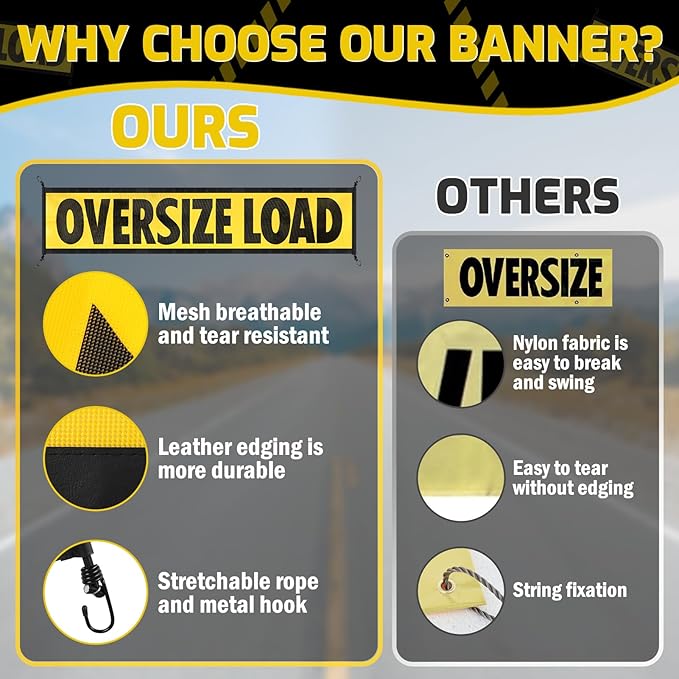 2 Pack Oversize Load Signs for Trucks, 18" x 84" Wide Load Heavy Duty Mesh Flags Banner with Bungee Cord & Hook, Oversized Load Sign Warning Flatbed Trailer for Escort Vehicles, Car, Yellow and Black
