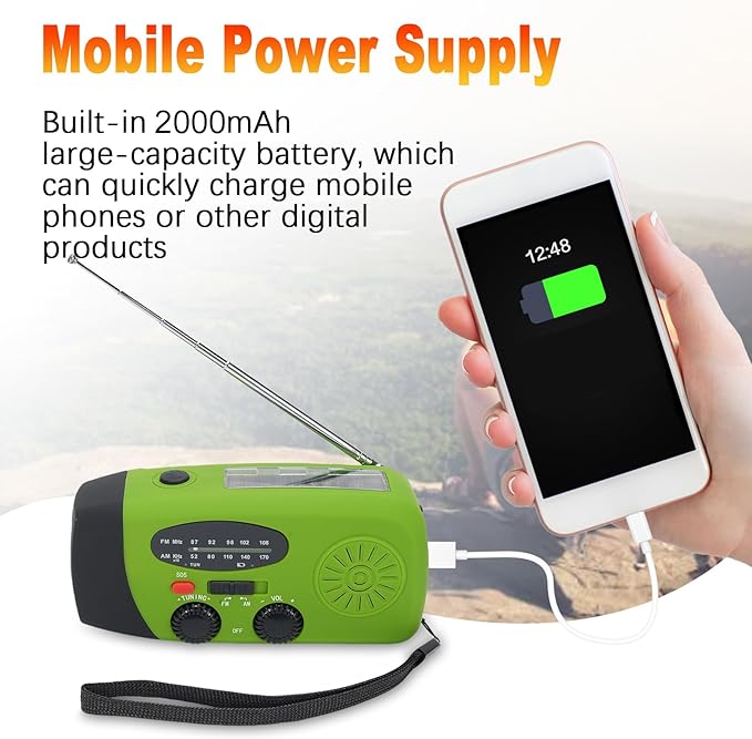 Yunir Emergency Radio, Solar Hand Crank Portable AM FM Radio Phone Charger with 2000mAh Battery, for Camping Hiking Power Outage (European Version)