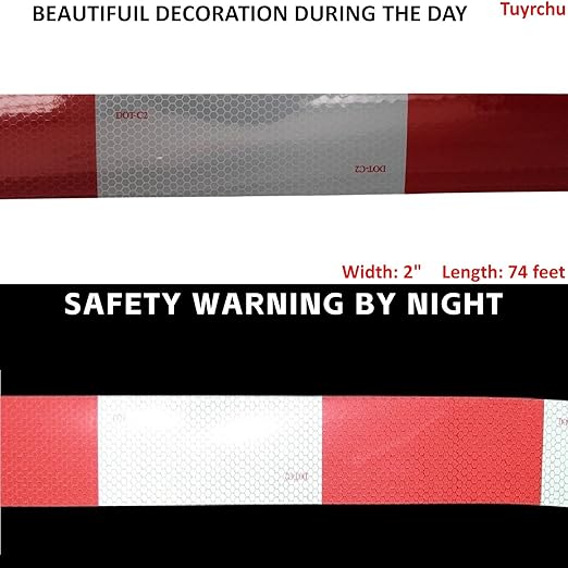 Reflective Tape Red and White 2 inch X 74 feet, Outdoor Waterproof Hazard Conspicuity Warning Industrial Marking Tape