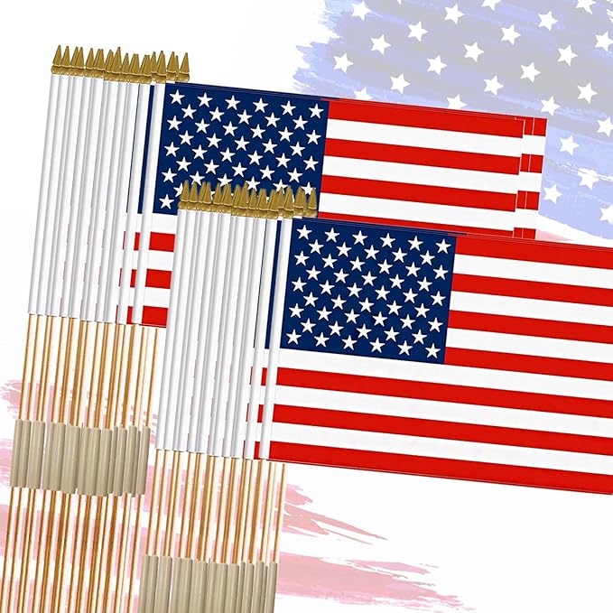 50 Pack 12x18 Inch American Flags on Stick - Patriotic American Flags for Outside, USA Stick Flag Perfect for Independence Day, Memorial Day, 4th of July Decorations (50)