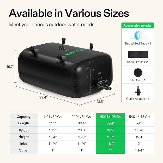 VIVOSUN 400 L/106 Gal Water Storage Bladder, Foldable and Portable Water Tank, Water Storage Bag Containers for RV, Camping, Garden, Irrigation, Drought Resistance, Firefighting