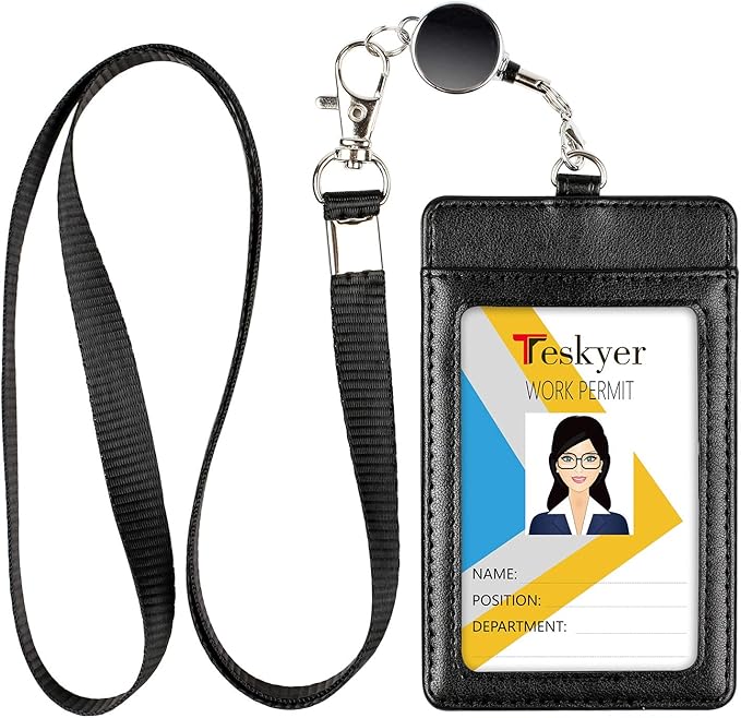 Teskyer Leather Badge Holder with Lanyard and Badge Reel, Retractable Lanyard ID Card Holder for Office School Name Work IDs, Black