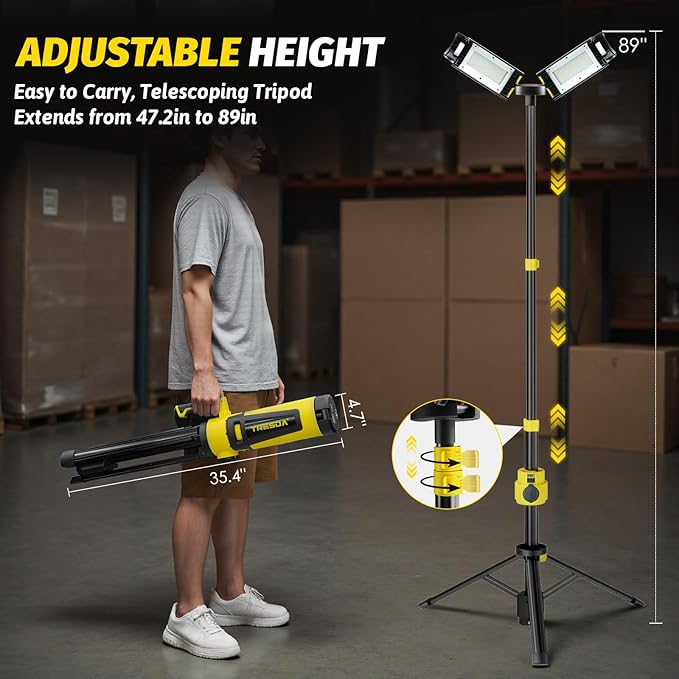 Dual-Head LED Work Light with Stand, 2025 Pro+ 12000LM Corded or Battery Rechargeable Telescopic Tripod Worklights, Portable Construction Flood Light for Job Site Workshop Garage ﻿