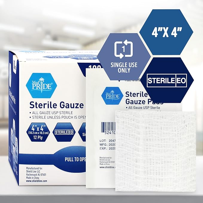 MED PRIDE Sterile Gauze Dressing Pads Individually Wrapped, Nonstick 12-Ply Cotton, Highly Absorbent for Wound Care (4x4 Inch (Pack of 100))