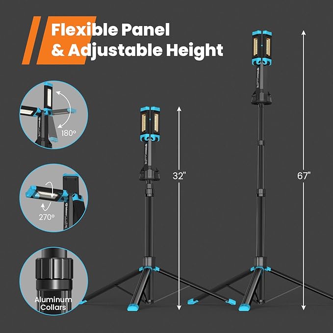 5000 Lumen Work Light with Stand, GoGonova 67'' Rechargeable Cordless Work Light with Triple LED Lamps, 1200/2500/5000 Lumen, 4500/7000K Dimmable Led Work Light Kit with Detachable Tripod