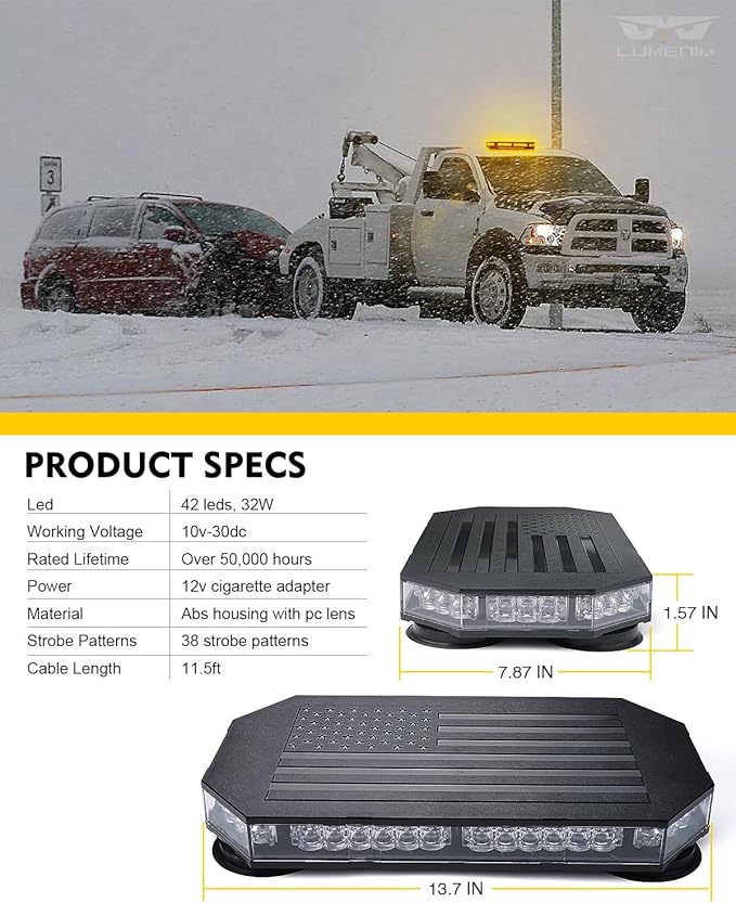 LUMENIX Amber 42 LED Rooftop Strobe Beacon Lights Magnetic Emergency Warning Traffic Flashing Light Bar for Construction Vehicles Snowplow Trucks Mail Postal (American Flag Pattern | Patented Design)