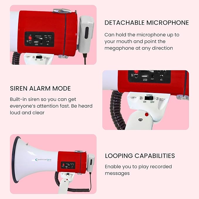 Technical Pro Portable Lightweight 75-Watt Megaphone Bullhorn w Siren, Detachable Microphone & Strap - Professional Outdoor Voice for Police & Cheer Leading