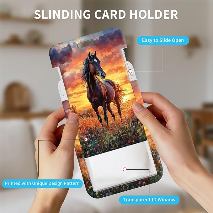 ID Badge Holder with Retractable Lanyard for Women & Men,Vertical ID Card Holder Wallet,Clear Window&Card Slot,Detachable Neck Strap for Nurse Teacher Office,Sunset Horse Grace