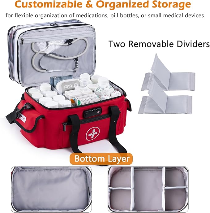 BAGSFY 3-Tier Medicine Organizer with Combination Lock – Large Medicine Bag, Empty First Aid Kit Case, Pill Bottle Medical Supply Organizer, Travel Prescription Bag, Medication Storage Container