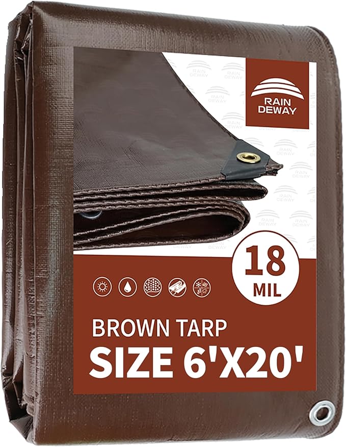 RAINDEWAY 6x20 Feet Super Heavy Duty 18 Mil Brown Poly Tarp Cover, UV Resistant, Weatherproof, Multipurpose Waterproof Poly Tarp with Grommets and Reinforced Edges