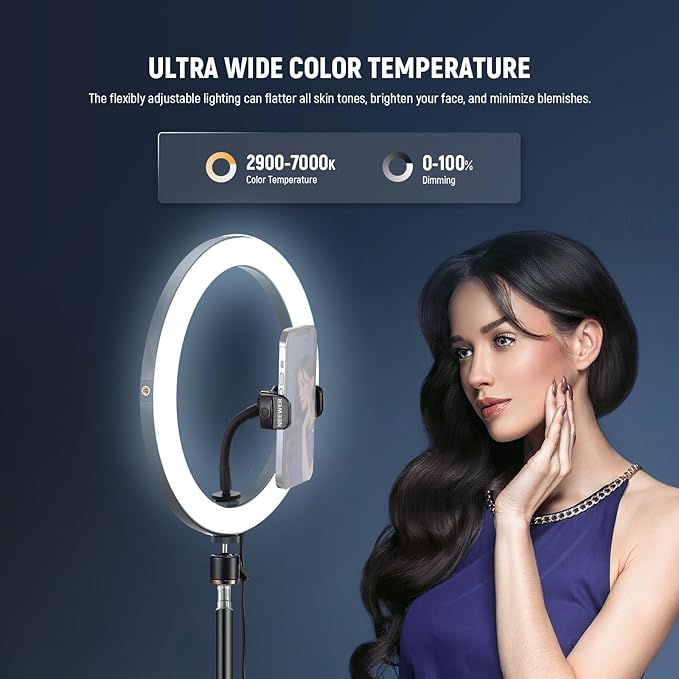 NEEWER 12" 24W Power LED Ring Light with Tripod Stand, Bi Color 2900-7000K, USB C PD Input, CRI97+ 1810lux/0.5m Compatible with iPhone Makeup Studio Streaming Selfie Video Recording, RH12B K2