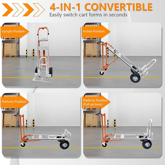 SST Convertible Hand Truck, 4 in 1 Folding Dolly Cart with Wheels, 1000LBS Heavy Duty Aluminum Hand Truck for Construction, Logistics, Shopping, Home, Office Moving