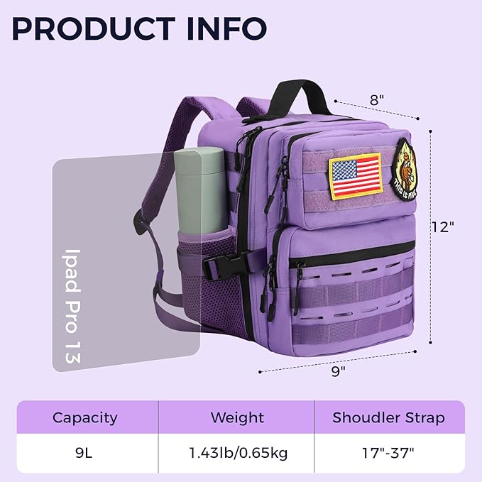 9L Mini Tactical Backpack for Men Women,Small Military Tactical Backpack for Sport,Gym,Hiking,Travel,Camping (Purple)