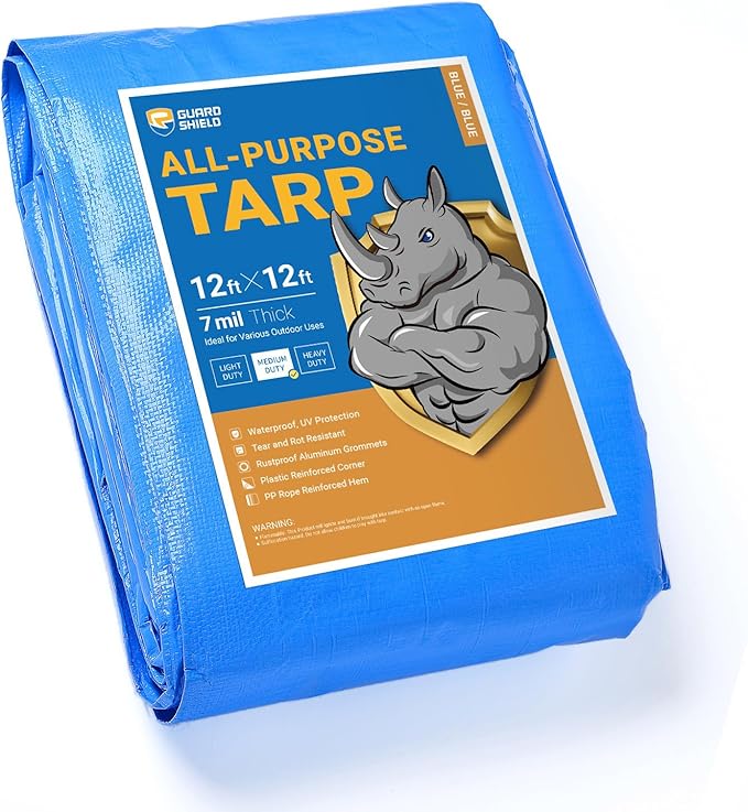 GUARD SHIELD Blue Tarp Waterproof 12x12 Feet Medium Duty All Purpose Poly Tarps Cover 7mil