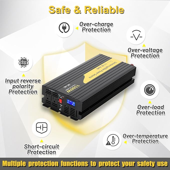 1500W Primary Sump Pump Backup System, Basment Protection Backup Inverter, Black, LCD Display, Auto Switches for Continuous Sump Pump Operation, Basement Emergency and Power Outage Backup