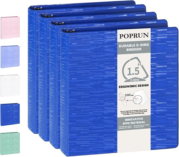 POPRUN 3 D Ring Binder 1.5 Inch, PVC-Free, Holds 375 Sheets of 8.5 x 11 Paper, Extra Durable Organizer with 2 Pockets for School & Office, Heavy-Duty, 4 Pack, Prussian Blue