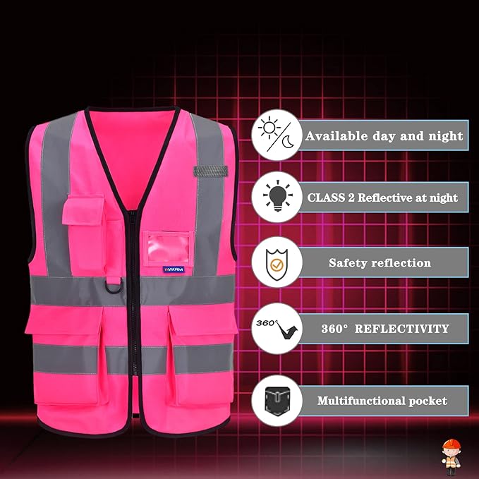 A-SAFETY Pink High Visibility Safety Vest with Reflective Strips, Multiple Colors Available,X-Large