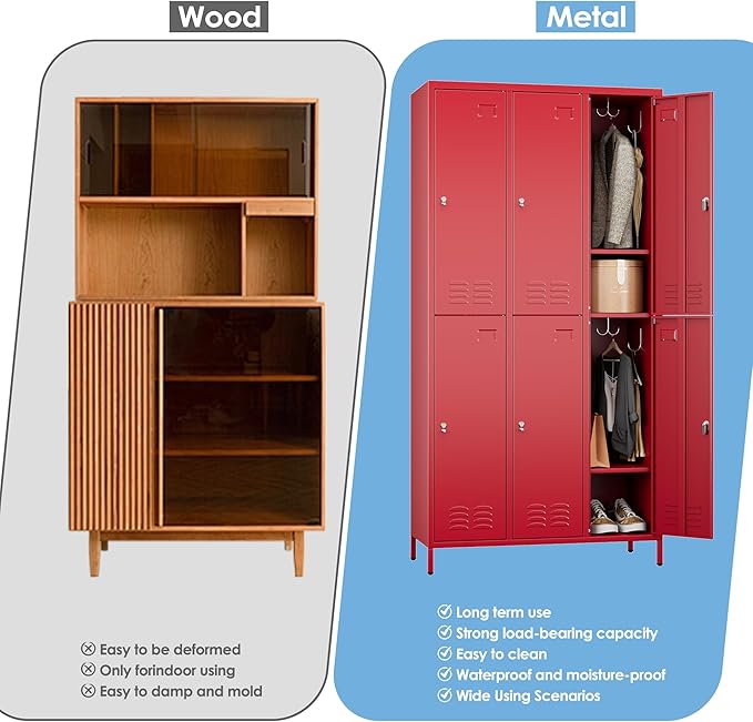 Metal Lockers for Employees with 6 Doors and 18 Hooks, 72”H Storage Locker with Card Slot for Office Gym School Bedroom, Red, Assembly Required