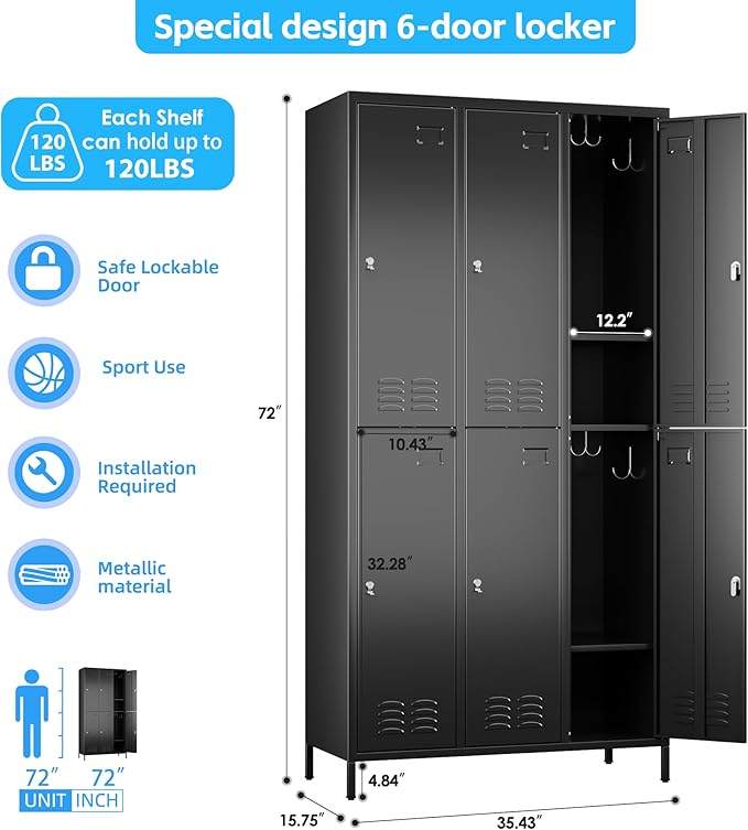 Metal Lockers for Employees with 6 Doors and 18 Hooks, 72”H Storage Locker with Card Slot for Office Gym School Bedroom, Black, Assembly Required