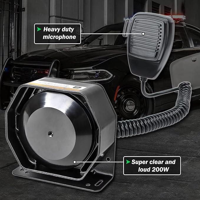Police Siren for Car 8 Tones Warning Emergency Siren PA System with Handheld Microphone 12V 200W for The Ambulance,Fire Truck,Engineering Siren for Vehicle