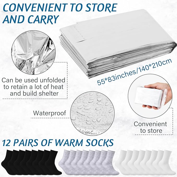 Suhine 72 Pcs Homeless Care Package Supplies Bulk Winter Emergency Blanket Glove Beanies Scarves Sock Drawstring Bag Unisex