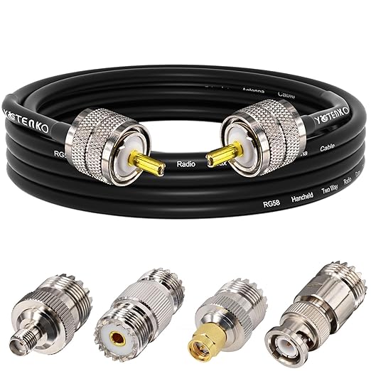 Ham Radio Coax Cable 50 Ohm, RG58 Coaxial Cable 10FT, PL259 Male to Male Coax + UHF SO239 Female to SMA/UHF/BNC Adapter 4-Pack,for CB,Amateur,Ham Radio,Two-Way Radio,SWR Meter