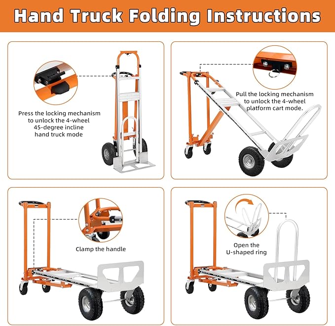 Aluminum 4 in 1 Convertible Hand Truck Dolly, 1000Lbs Capacity, Heavy Duty Folding Hand Truck Dolly Cart with Wheels 10" Solid, 2 Safety Strap, Hand Trucks for Logistics, Moving Home, Shopping, Office