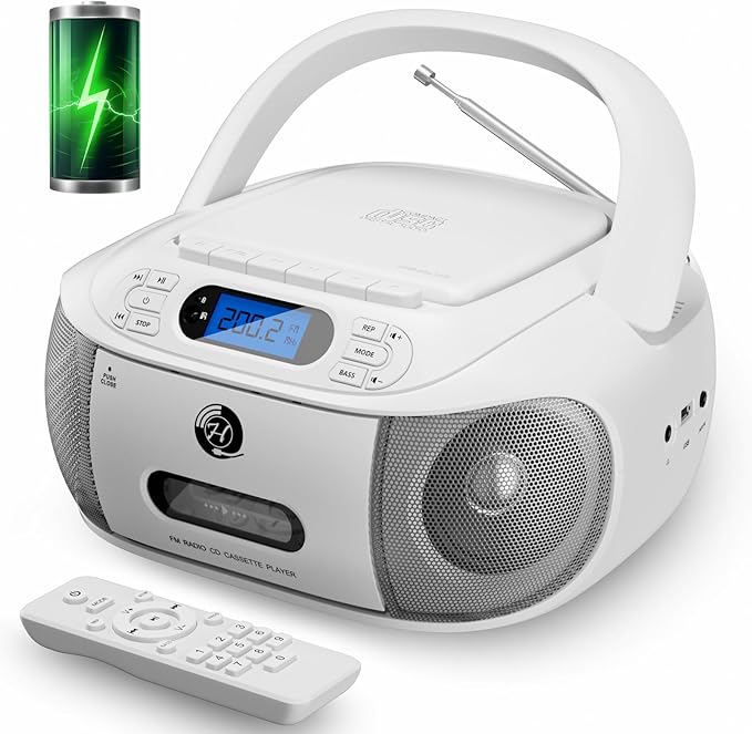 CD Cassette Player Combo, Hernpark Rechargeable Boombox with Bluetooth 5.1, CD Player with Remote Control, Tape Recording, FM Radio, Super Bass, Stereo Sound, Aux/USB Drive, Headphones Jack -White