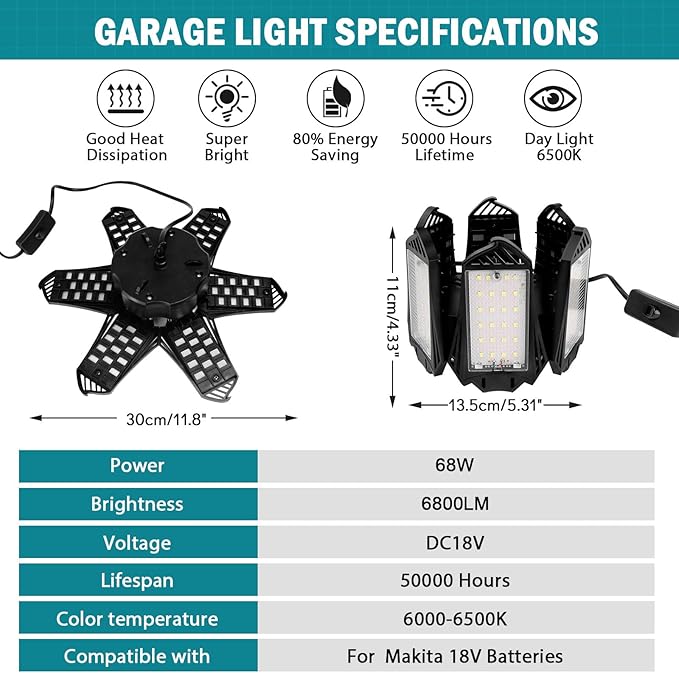 LIVOWALNY LED Work Light Compatible with Makita 18V Battery, 68W 6800LM LED Garage Flood Lights with 6+1 Deformable Panels, Battery Powered Pendant Ceiling Light for Shed Workshop Garage Home