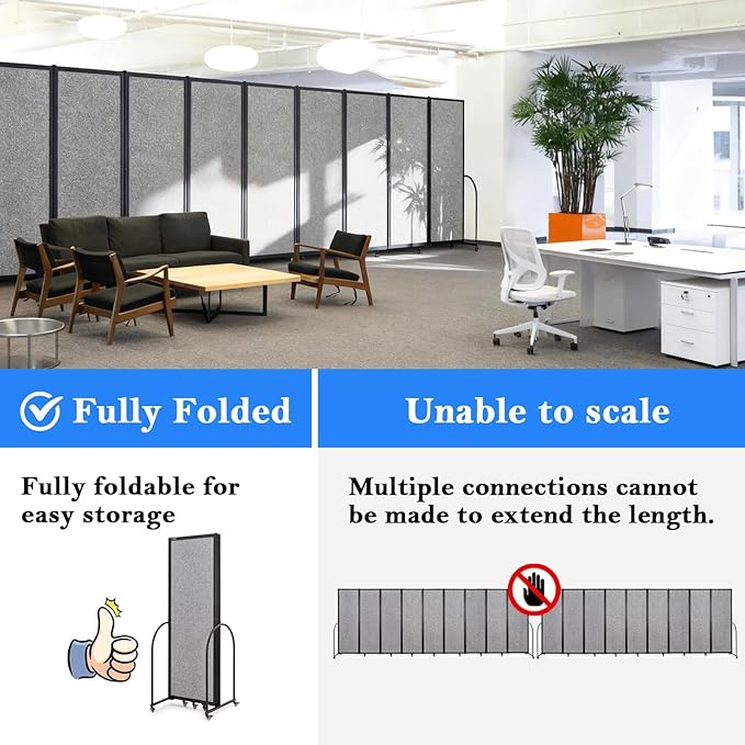 Folding Room Partition,Privacy Room Screen with Arms,Office Dividers Partition Wall,18'5"L* 6'7"H,Light Grey