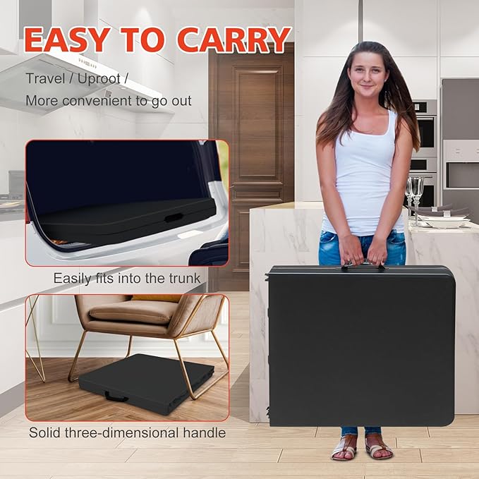 Portable 4Ft Adjustable Height Plastic Folding Table, Heavy Duty Fold-in-Half Table with Carrying Handle, Small Utility Foldable Table for Picnic Party Camping BBQ, Indoor/Outdoor(Black)