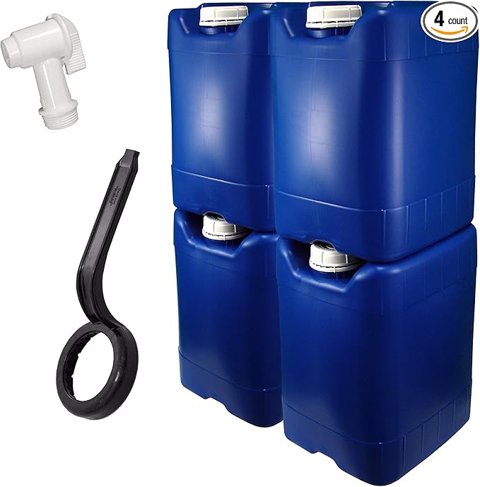 API Kirk Containers 5 Gallon Samson Stackers, Blue, 4 Pack (20 Gallons), Emergency Water Storage Kit - New! - Clean! - Boxed! - Kit Includes One Spigot and Cap Wrench