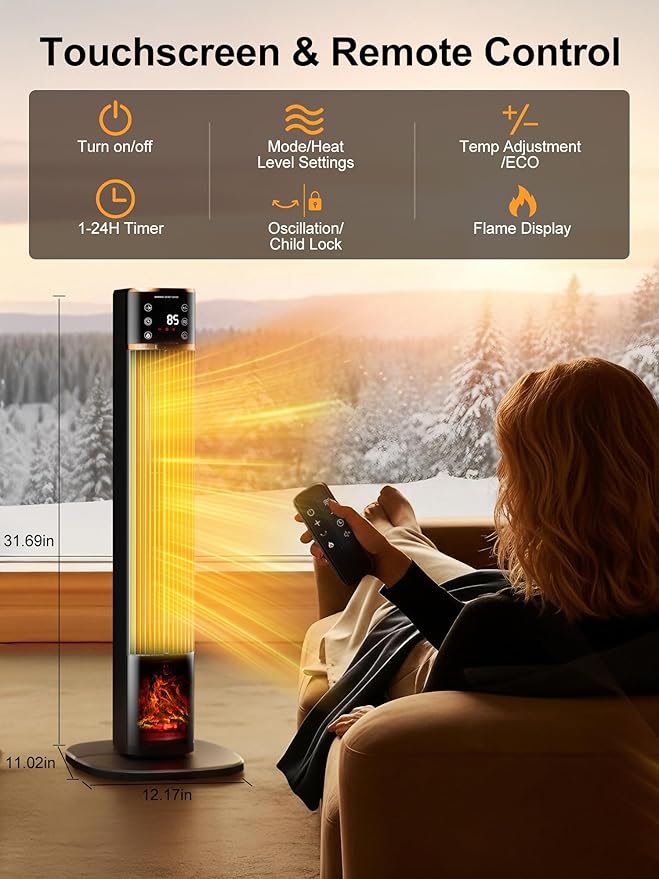 Uthfy Space Heater for indoor use, Large Room Heater with 3D Flame Effect, 1500W Portable Electric Heater with ECO, 90° Oscillating, Remote, PTC Ceramic Heaters for Bedroom, Office, Home