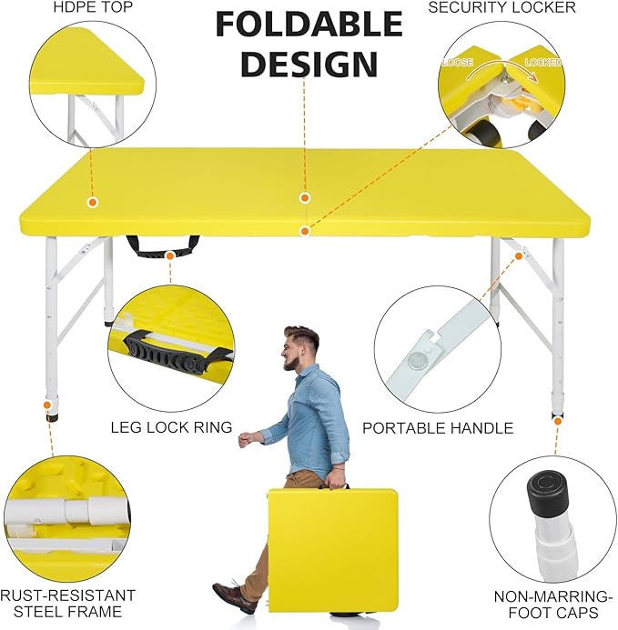 Portable 4Ft Adjustable Height Plastic Folding Table, Heavy Duty Fold-in-Half Table with Carrying Handle, Small Utility Foldable Table for Picnic Party Camping BBQ, Indoor/Outdoor (Yellow)