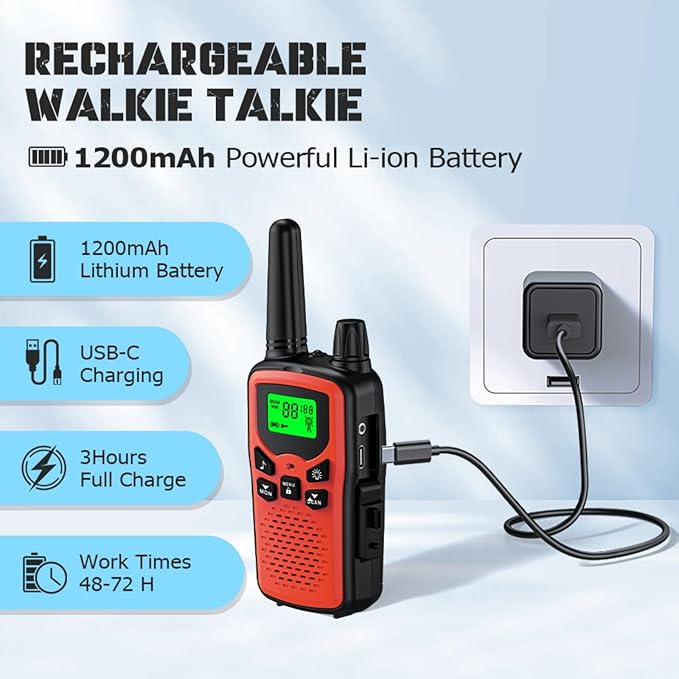 Walkie Talkie Long Range Walkie talkies 2 Pack with Rechargegable, 22 Channel FRS 2-Way Radios Walky Talky with LED Flashlight for Climbing, Camping Trip and Family Emergency Kit(2 Pack Red).