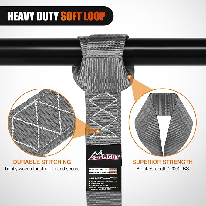 Nilight Soft Loop 1.7”×17" Motorcycle Tie Down Straps Heavy Duty 12000Lbs Max Break Strength for Securing ATV UTV Kayak Moving Cargo (8PK-Grey)