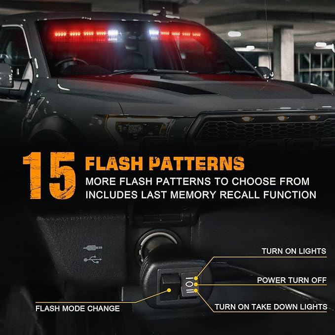 XRIDONSEN 34 inch Red Visor Emergency Light Bar Interior Windshield Strobe Lights 40 LED Warning Safety Flashing Hazard Light w/White Take Down for firefighter Police Vehicles POV Fire Trucks