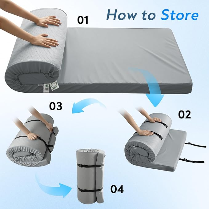Memory Foam Camping Cot Mattress Pad, 3 Inch Thick Sleeping Pad with Waterproof Cover, Portable Roll up Cot Mattress Pad Mat for Travel Truck Bed Tent, Non-Slip Bottom, 72"×24"×3", Gray