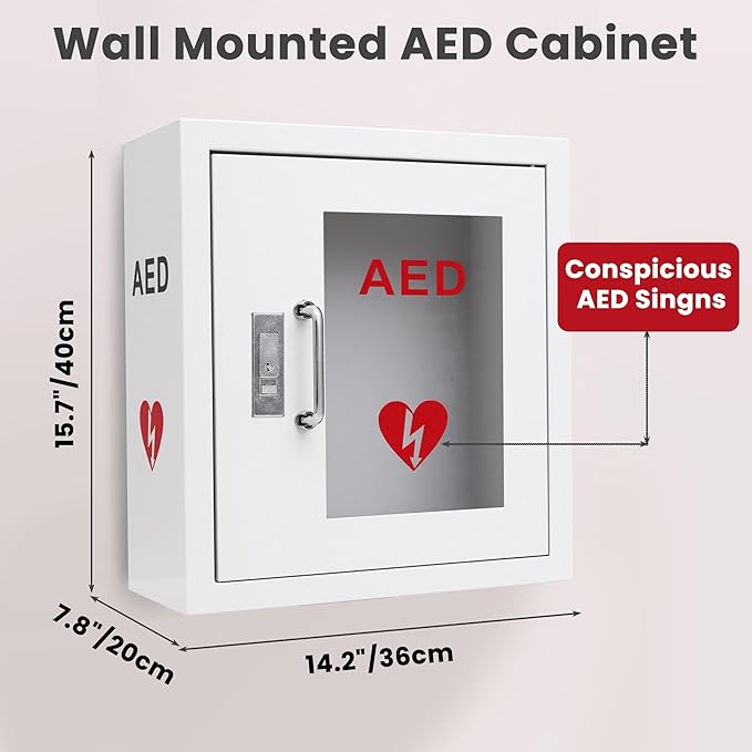 AED Cabinet Wall Mounted, Steel Defibrillator Storage Case with PVC Clear Window, Handle and Snap Lock, AED Defibrillator Cabinet for Home, Hospital 14.2 x 7.8 x 15.7 Inch
