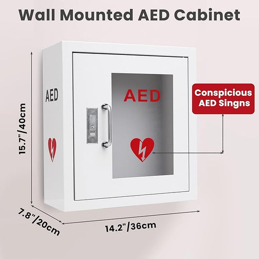 AED Cabinet Wall Mounted, Steel Defibrillator Storage Case with PVC Clear Window, Handle and Snap Lock, AED Defibrillator Cabinet for Home, Hospital 14.2 x 7.8 x 15.7 Inch