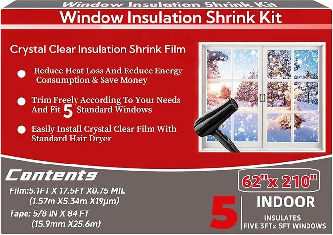 Indoor Window Insulation Kit, Clear Window Film Keeps Cold Drafts Out and Warm Air in (5W(62x210IN))